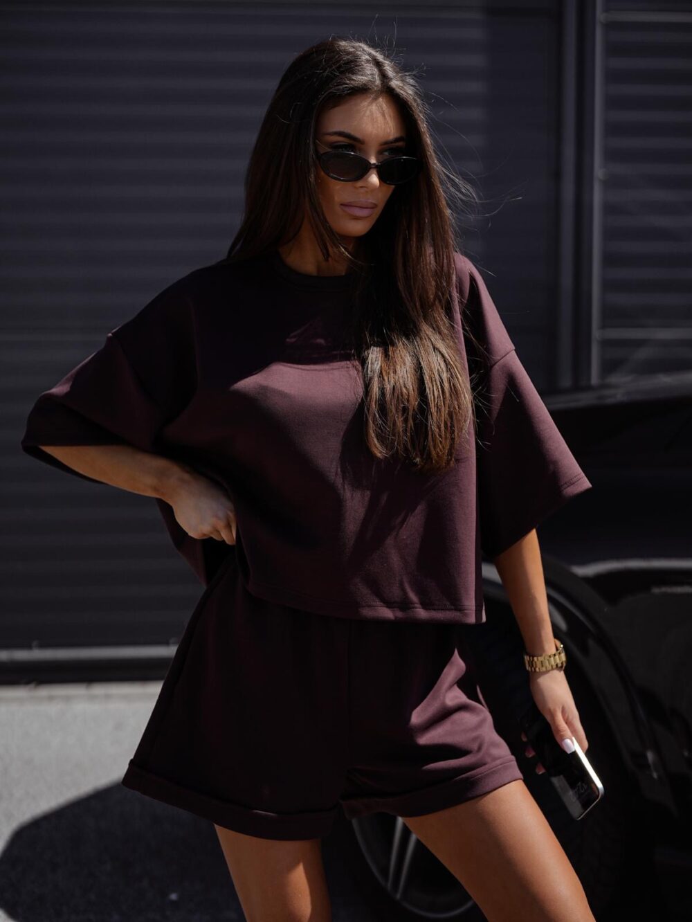 Komplet Damski Relax Fit – Oversize T-shirt i Szorty - czekolada - obrazek 4