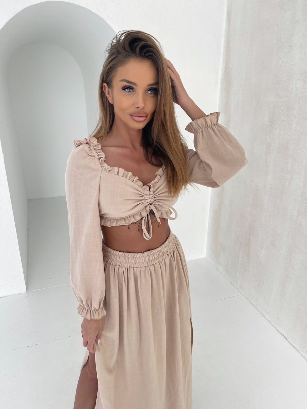 Komplet Boho – Bluzka i Spódnica z Rozcięciem - beż