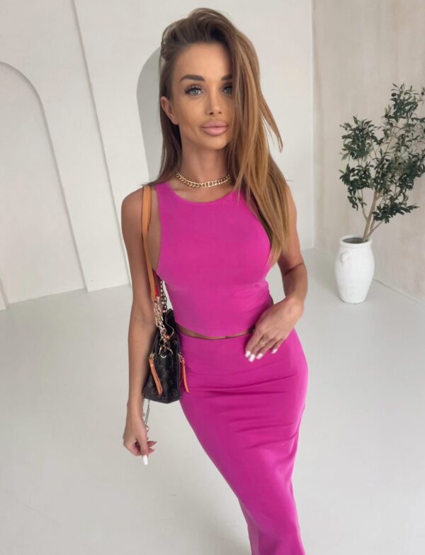 Komplet Fuksja Elegance – dopasowany top i spódnica midi