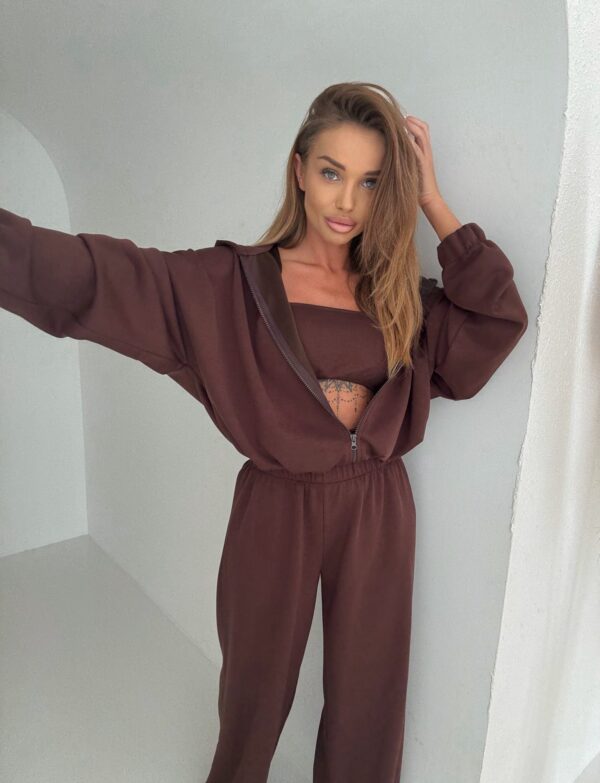 Komplet Cozy Elegance bluza, spodnie i top – czekolada