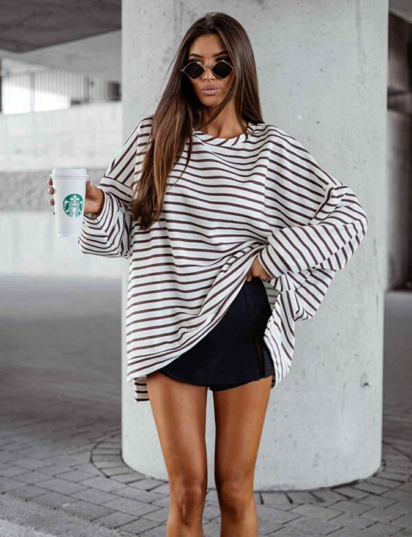 Bluza Oversize w Paski Mucha - Czekolada