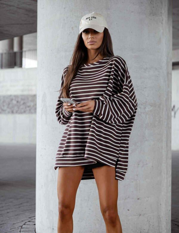Bluza Oversize w Paski Mucha - Czekolada
