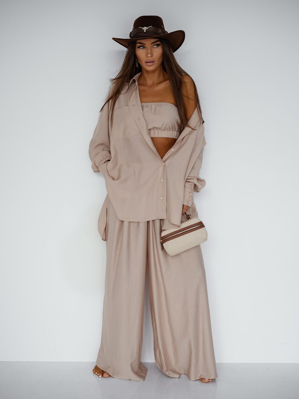 Komplet Beige Aura – koszula, top i spodnie