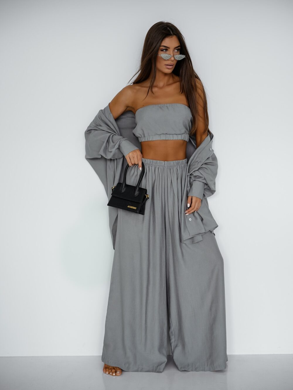 Komplet Grey Aura – koszula, top i spodnie