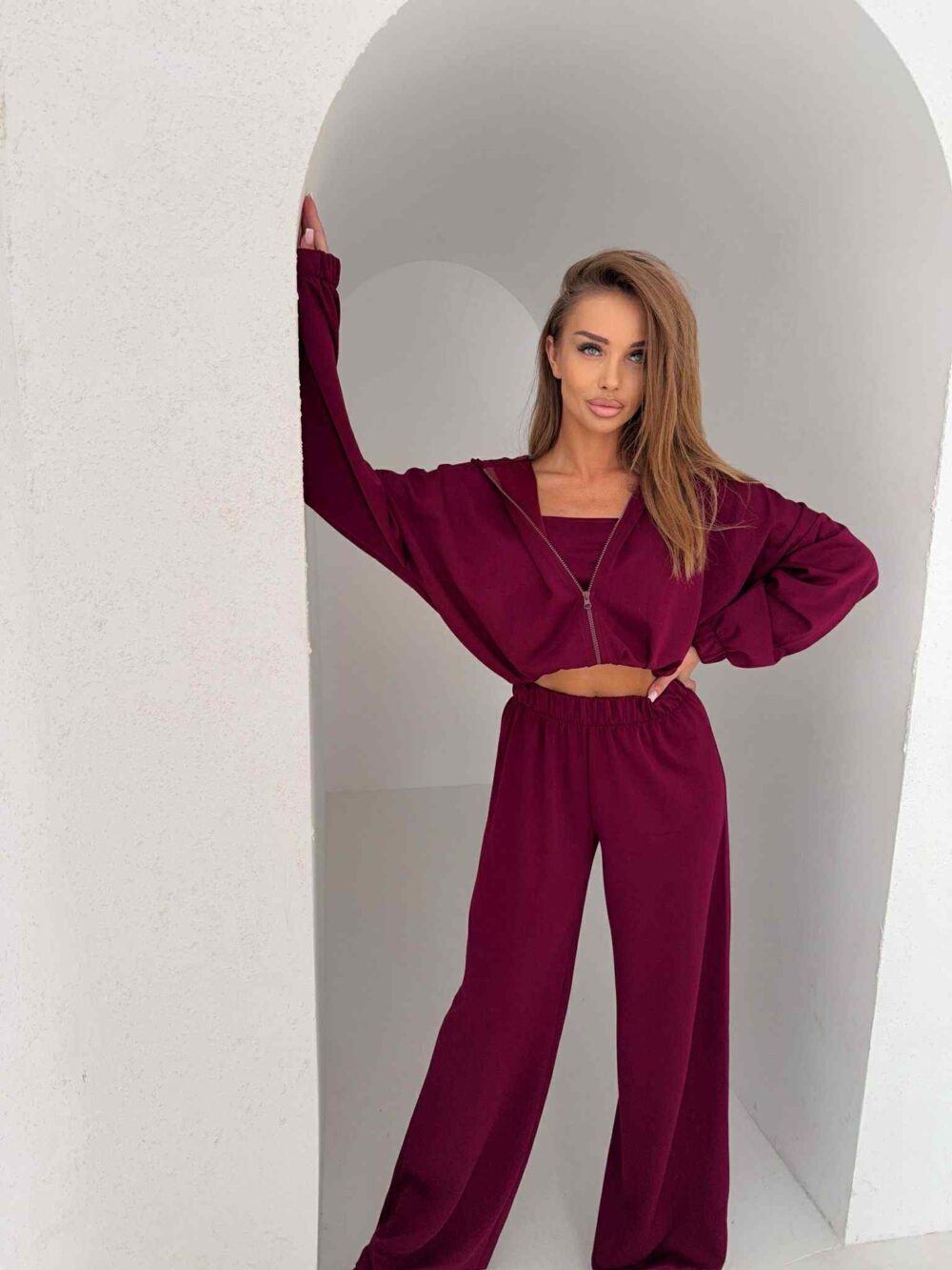 Komplet Cozy Elegance bluza, spodnie i top – burgund