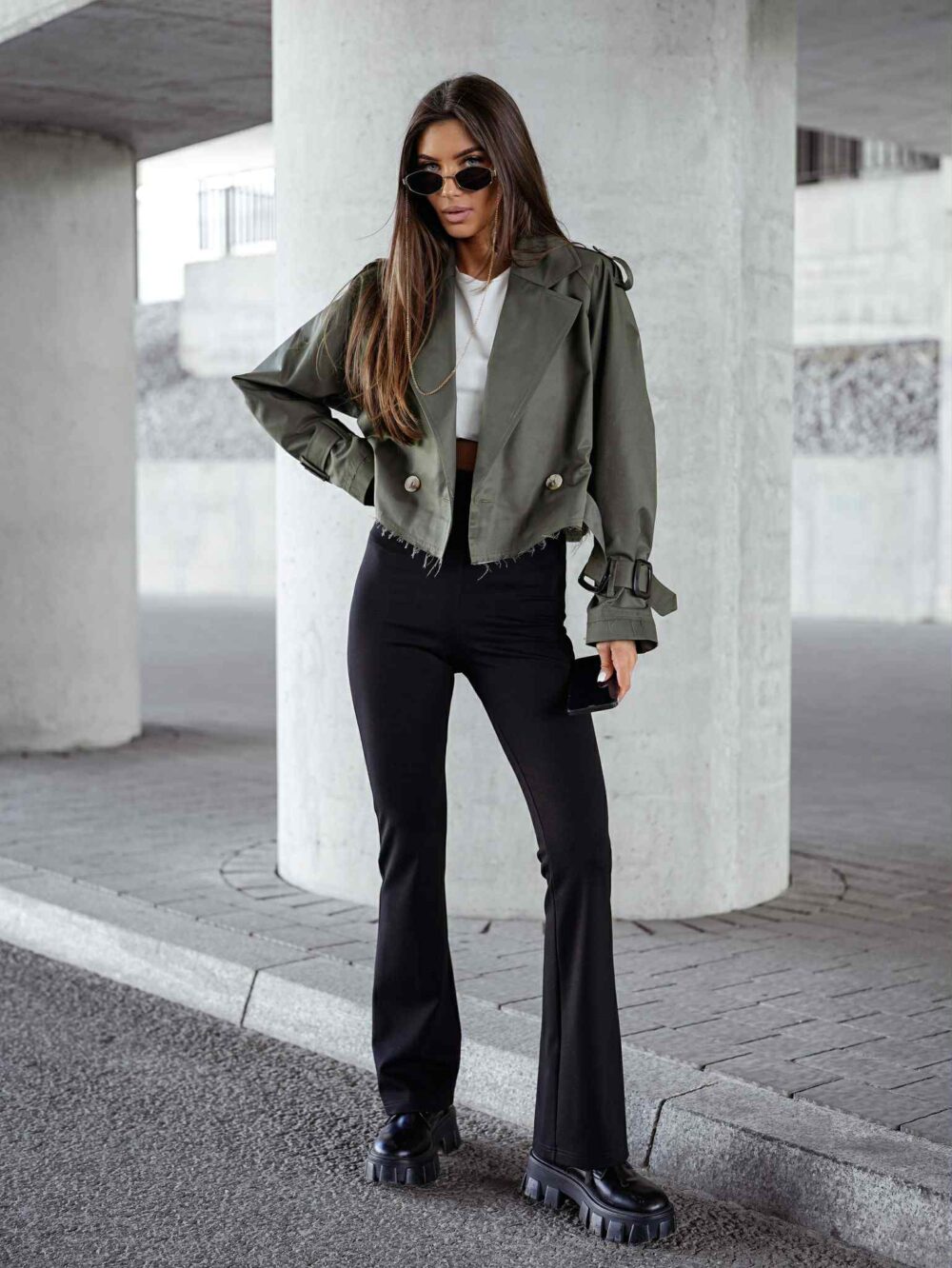 Kurtka Oversize z Klamrami Urban Chic – oliwka - obrazek 4