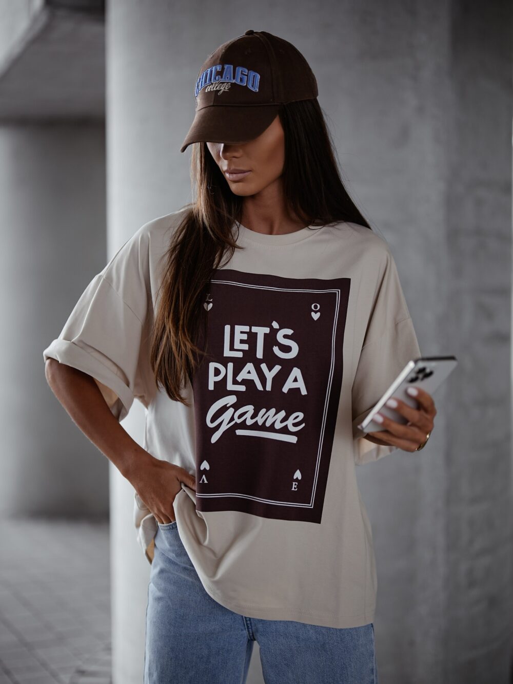 T-shirt oversize let's play - beż