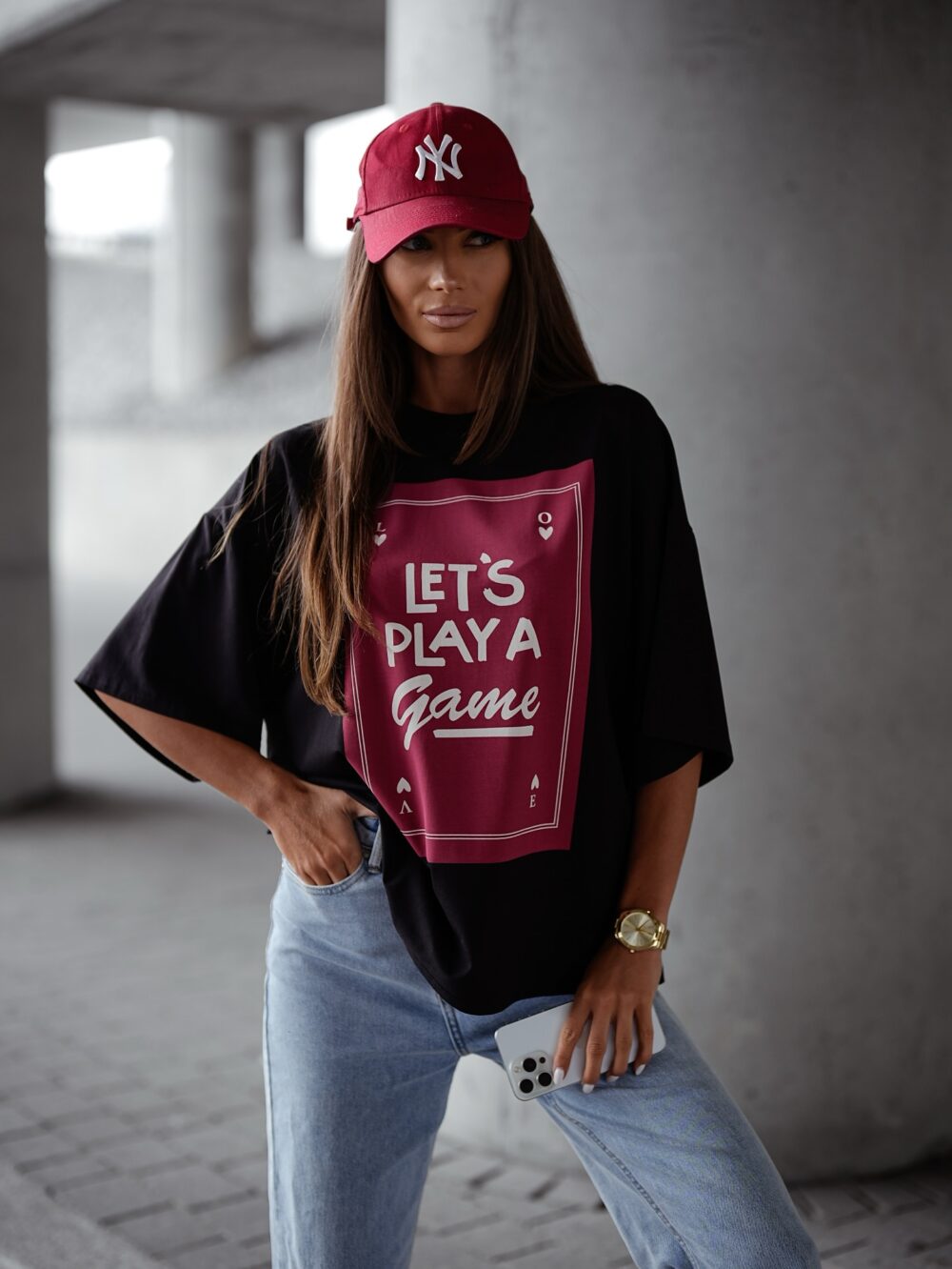 T-shirt oversize let's play - czarny