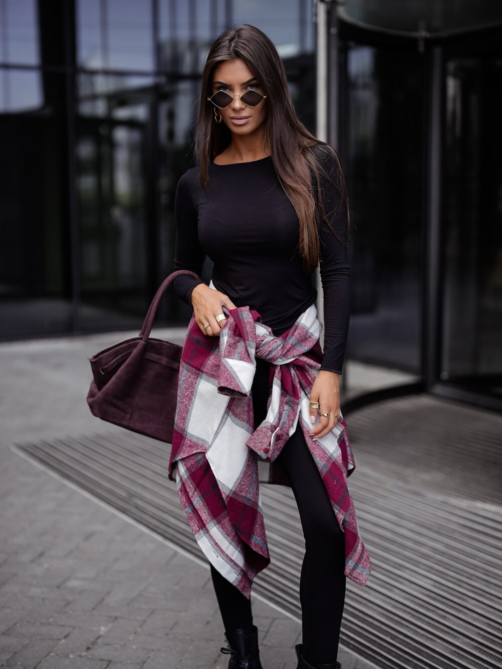 Koszula Oversize w Kratę Wine Check - obrazek 3