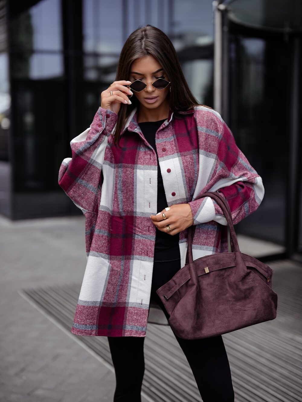 Koszula Oversize w Kratę Wine Check - obrazek 2