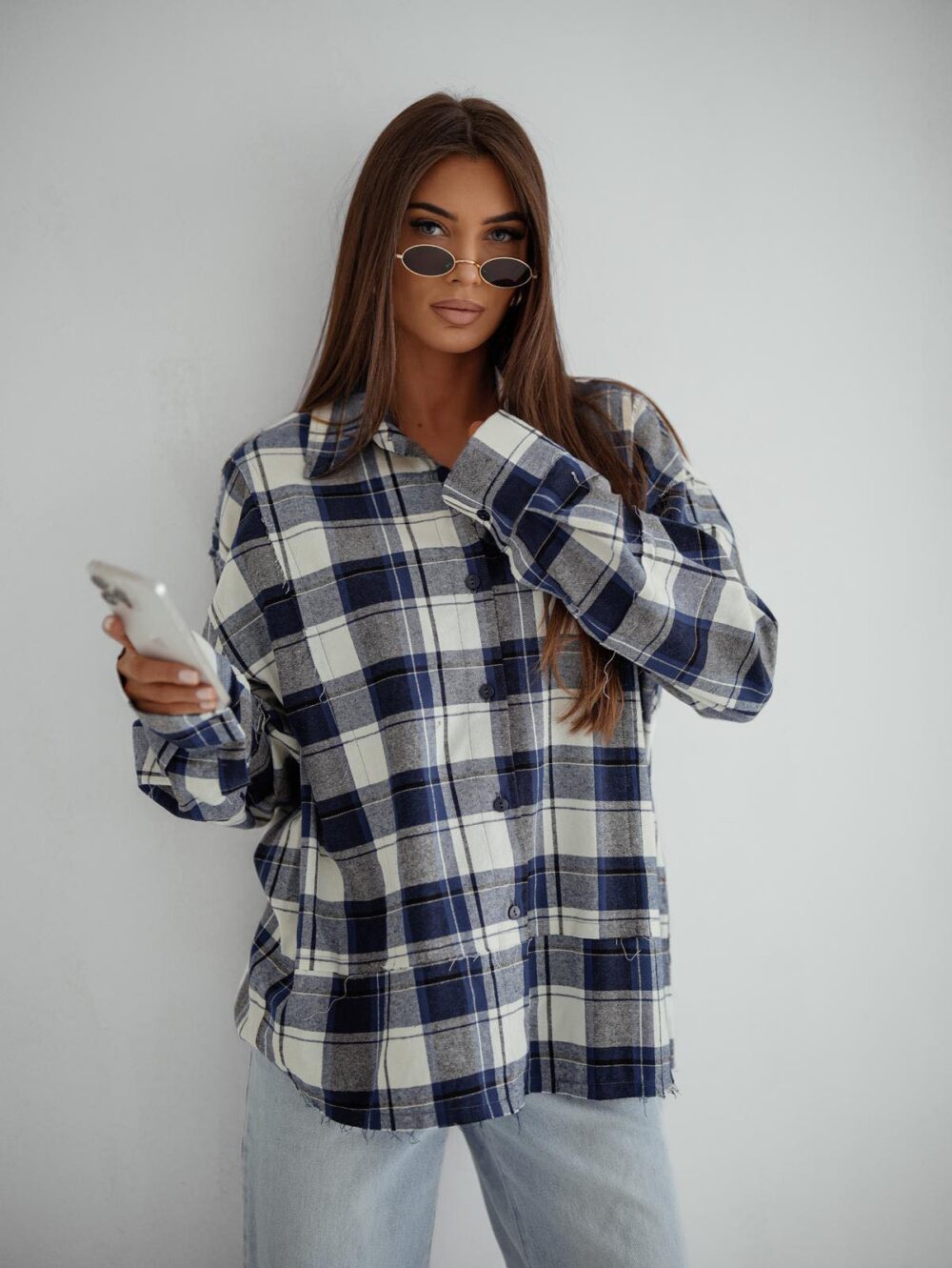 Koszula Oversize w Kratę Blue Check - obrazek 2